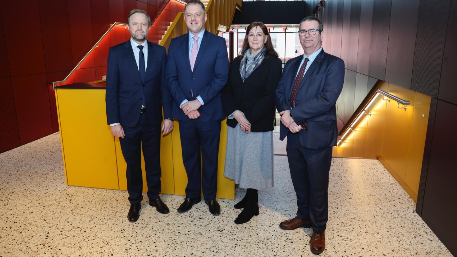 H.E. Bjorn Berge, Deputy Secretary General of the Council of Europe; Thomas Byrne TD, Minister of State for European Affairs and Defence; Prof Anne Sinnott, Deputy President of DCU and Prof Derek Hand, Dean of Humanities and Social Sciences, DCU.