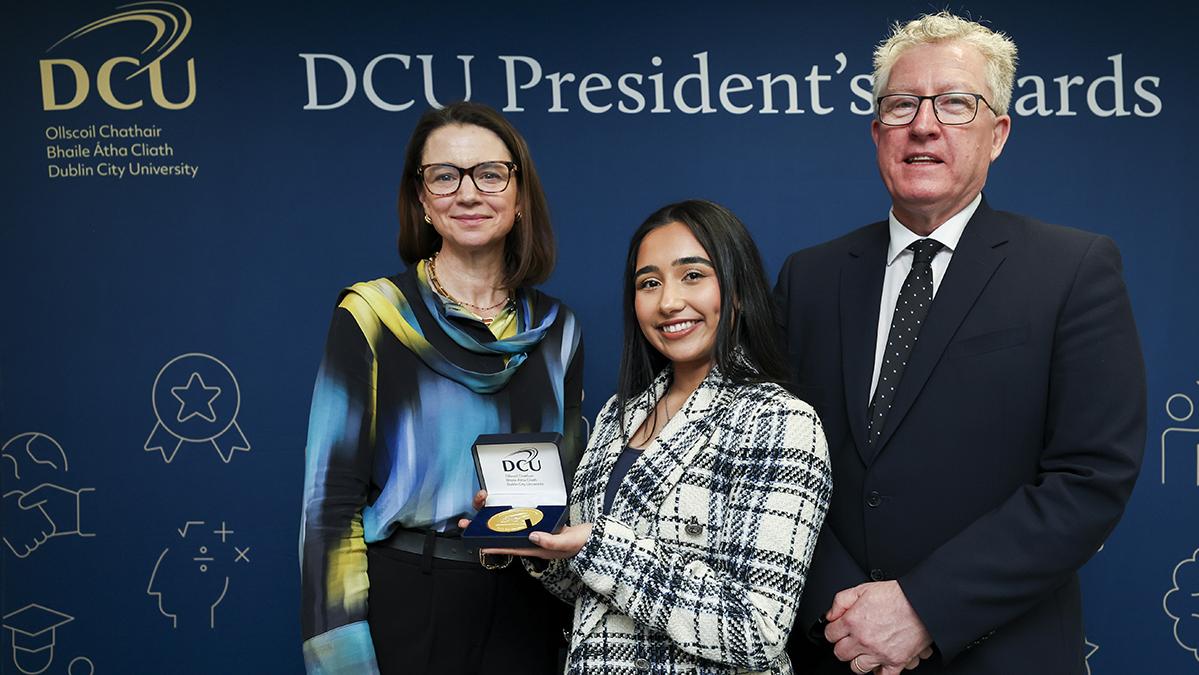 Executive Director of Engagement Laura Mahoney, Malha Muhammed and DCU President Professor Dáire Keogh
