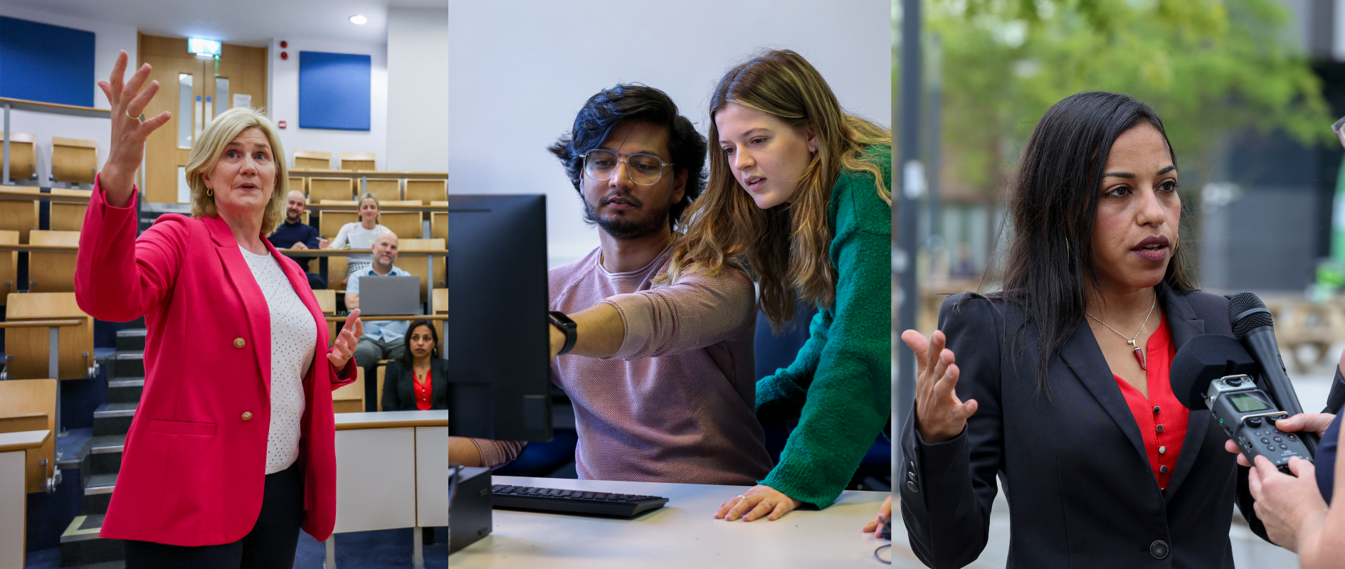 Banner image shows researchers presenting work, working at computer, speaking to media
