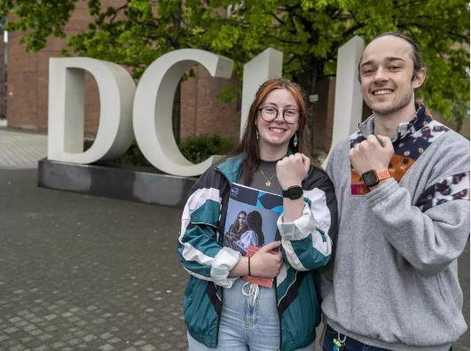 Students Ronan Smyth and Angelina Foley pose with their Fitbits to highlight the FLOURISH Microcredential. Pic: Kyran O'Brien/DCU