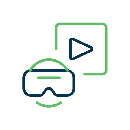 Green and navy icon of VR headset and screen with play button