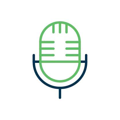 Green and navy icon of a microphone