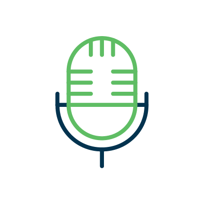 Green and navy icon of a microphone