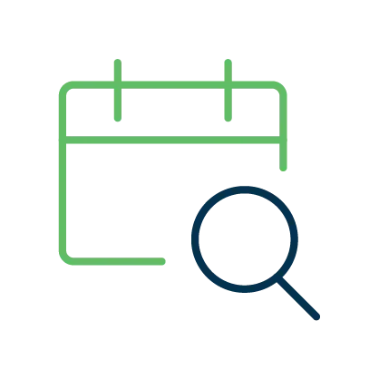 Green and navy icon of a calendar 