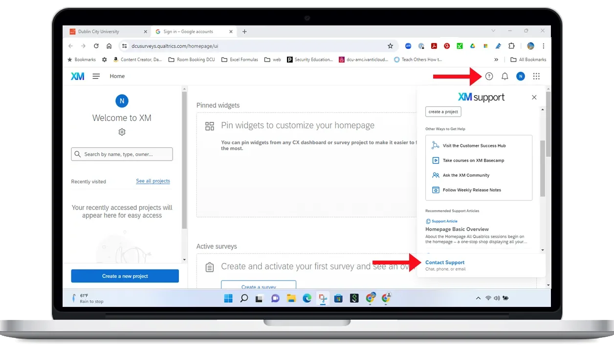 Qualtrics Help, click on question mark to open help nav panel.