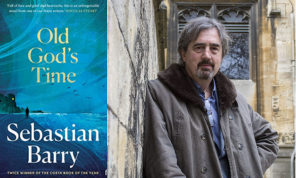 Shows the book cover of Old God's Time beside a picture of the author Sebastian Barry