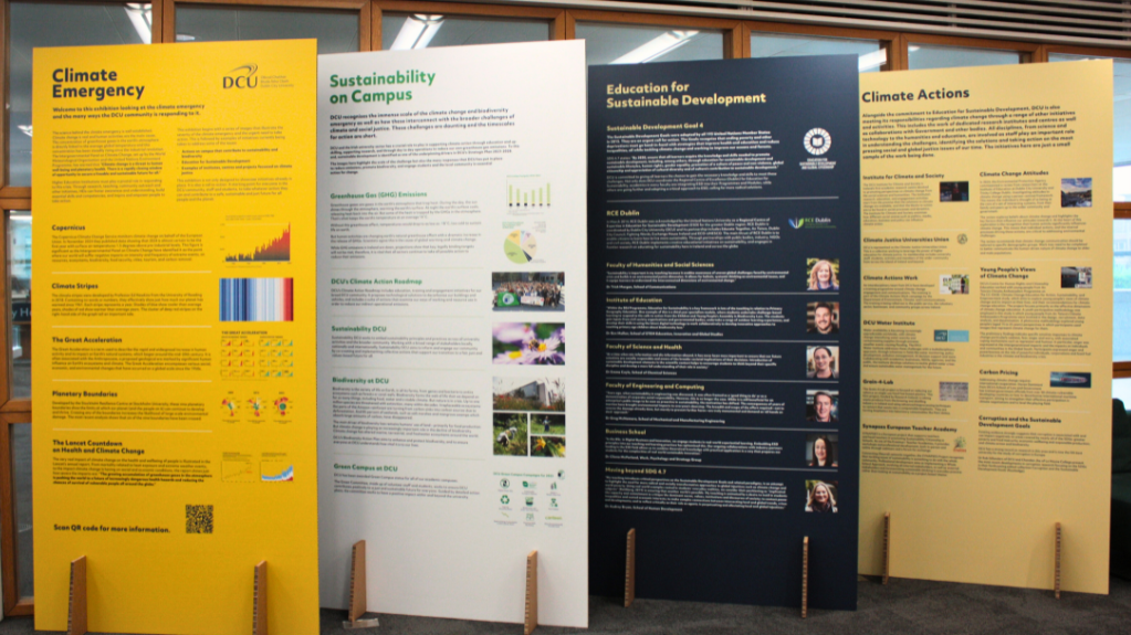 Shows four exhibition boards with the titles: Climate emergency, sustainability on campus, education for sustainable development, climate actions
