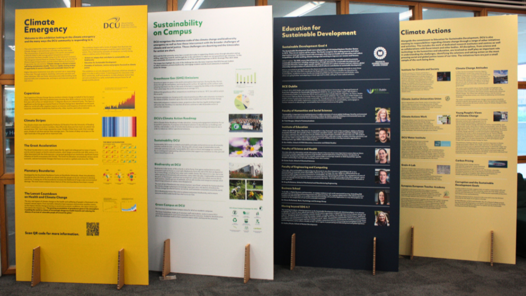 Shows four exhibition boards with the titles: Climate emergency, sustainability on campus, education for sustainable development, climate actions