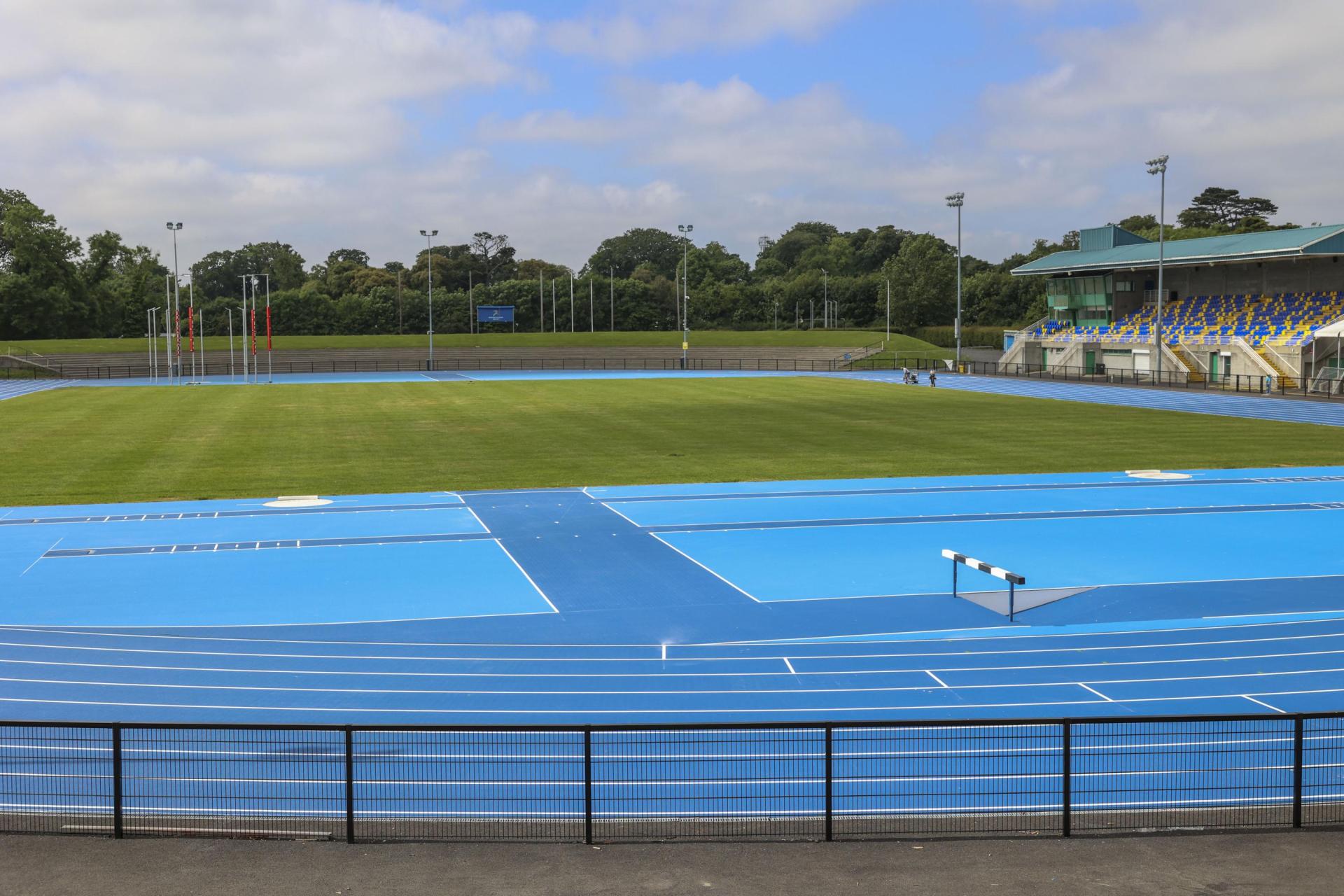 A wide shot of the newly upgraded track at Morton Stadium