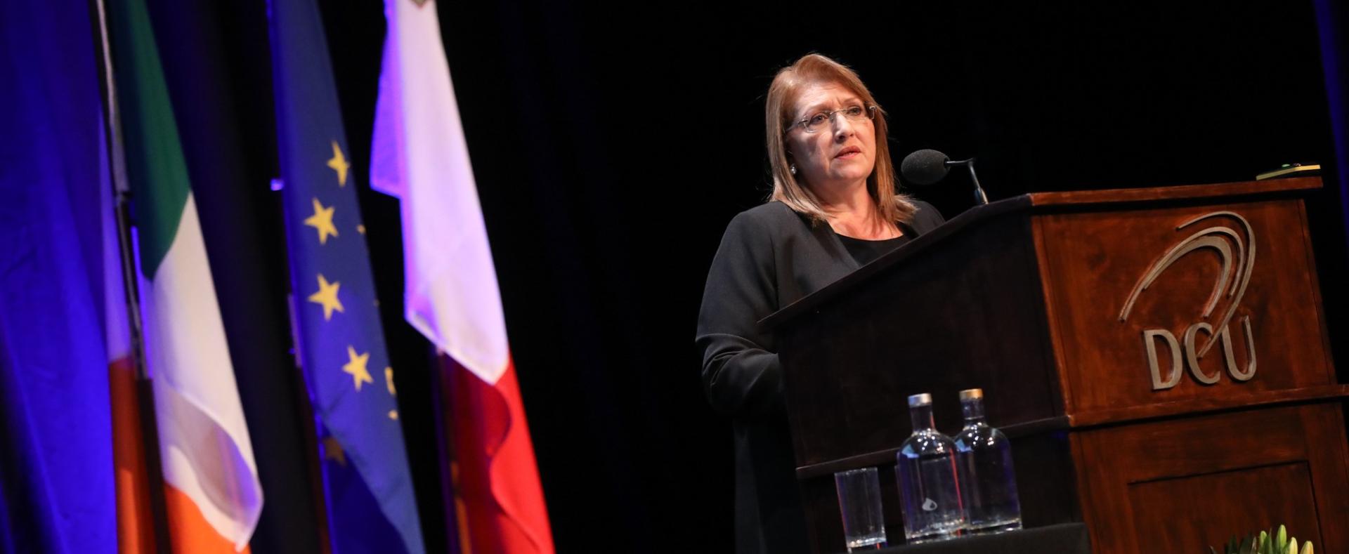 President of Malta Marie-Louise Coleiro Preca addresses a women in leadership event at DCU, February 2019.
