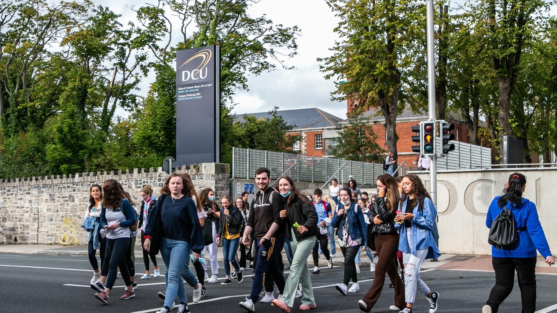 Shows students crossing road outside St Patrick's Campus in Drumcondra