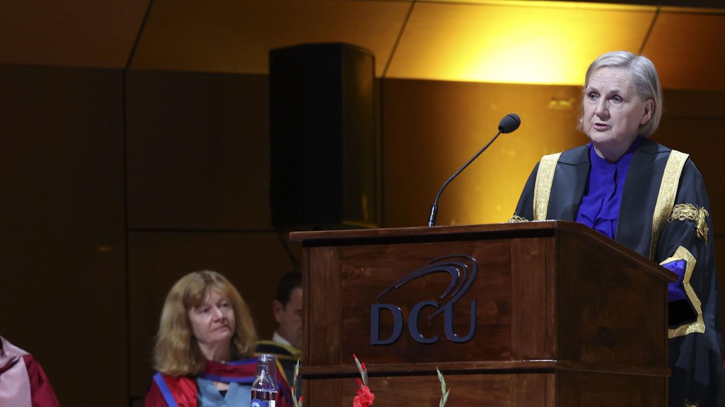 Shows DCU Chancellor Brid Horan making address during graduation ceremony in The Helix