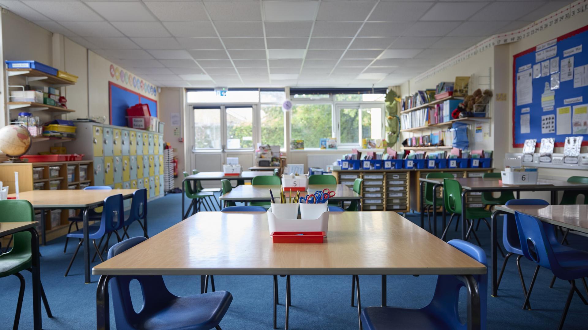 Shows an empty children's classroom 