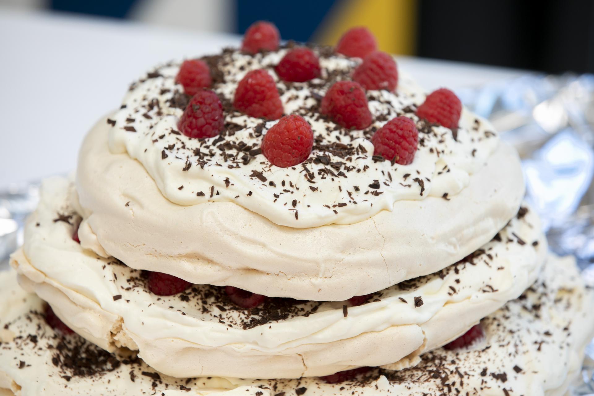 Shows Debbie's cake at the DCU Bake off for Barretstown