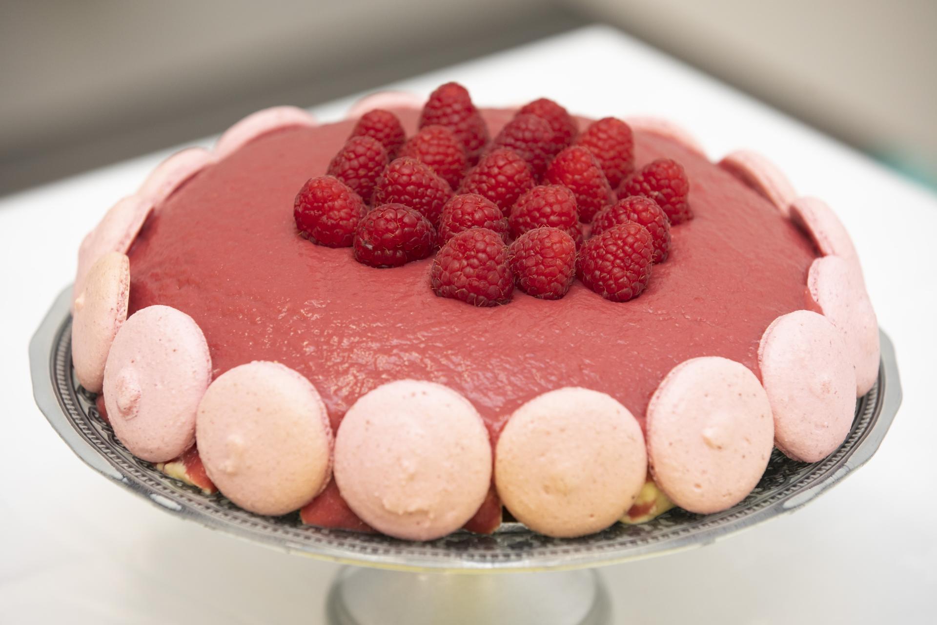 Shows Hazel's Raspberry and Honey Summer Torte for DCU Bake Off For Barretstown