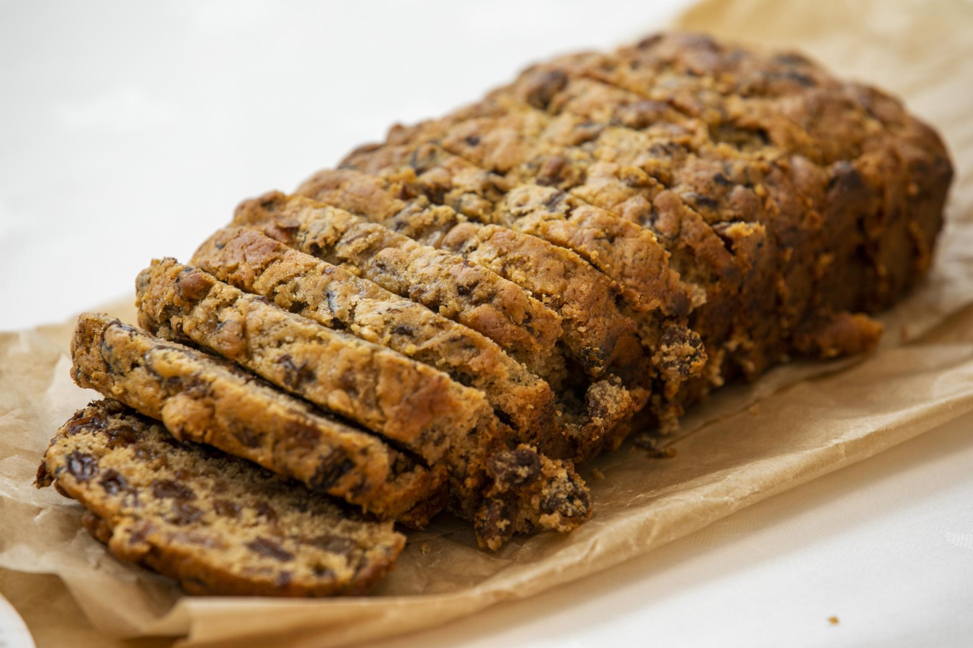 Shows Jean Hughes' tea brack during DCU Bake off for Barretstown