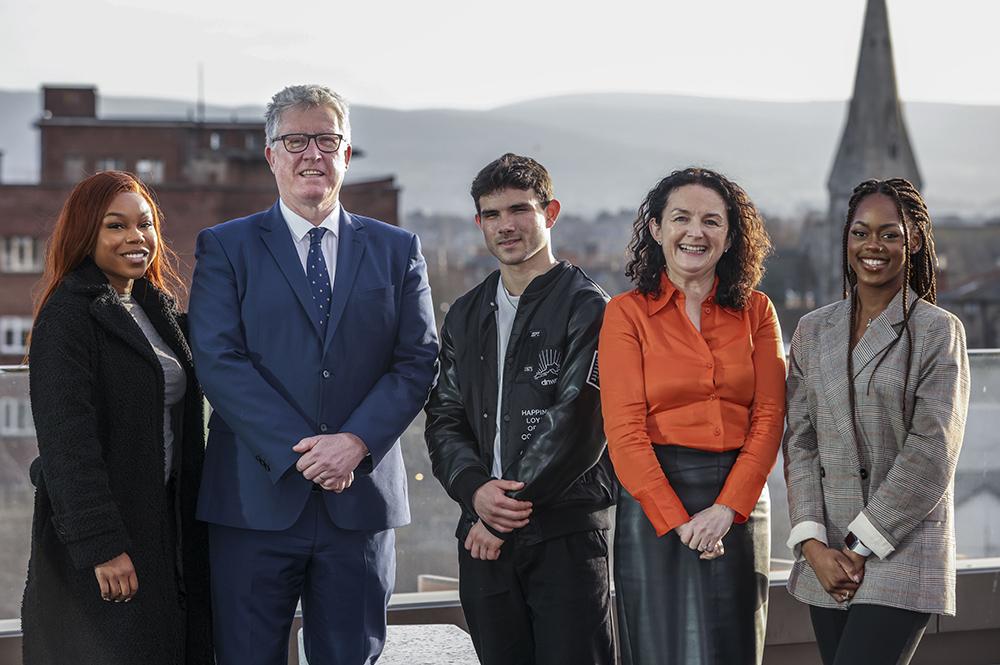 DCU student Favour Joseph; DCU President Daire Keogh; DCU student Reoland Pepa; Sharon McCooey, Head of LinkedIn Ireland; DCU student Victoria Babela.