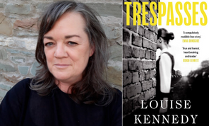 Shows author Louise Kennedy beside a picture of her book Trespasses