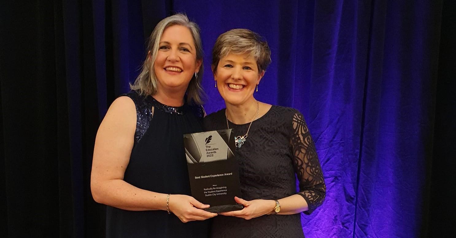 Blanaid White is pictured with Susan Hegarty at the Education Awards 2022 after DCU won the Best Student Experience Award for the DCU Futures Programme