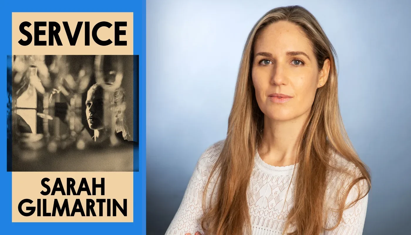 The book cover of Service beside a profile picture of a woman