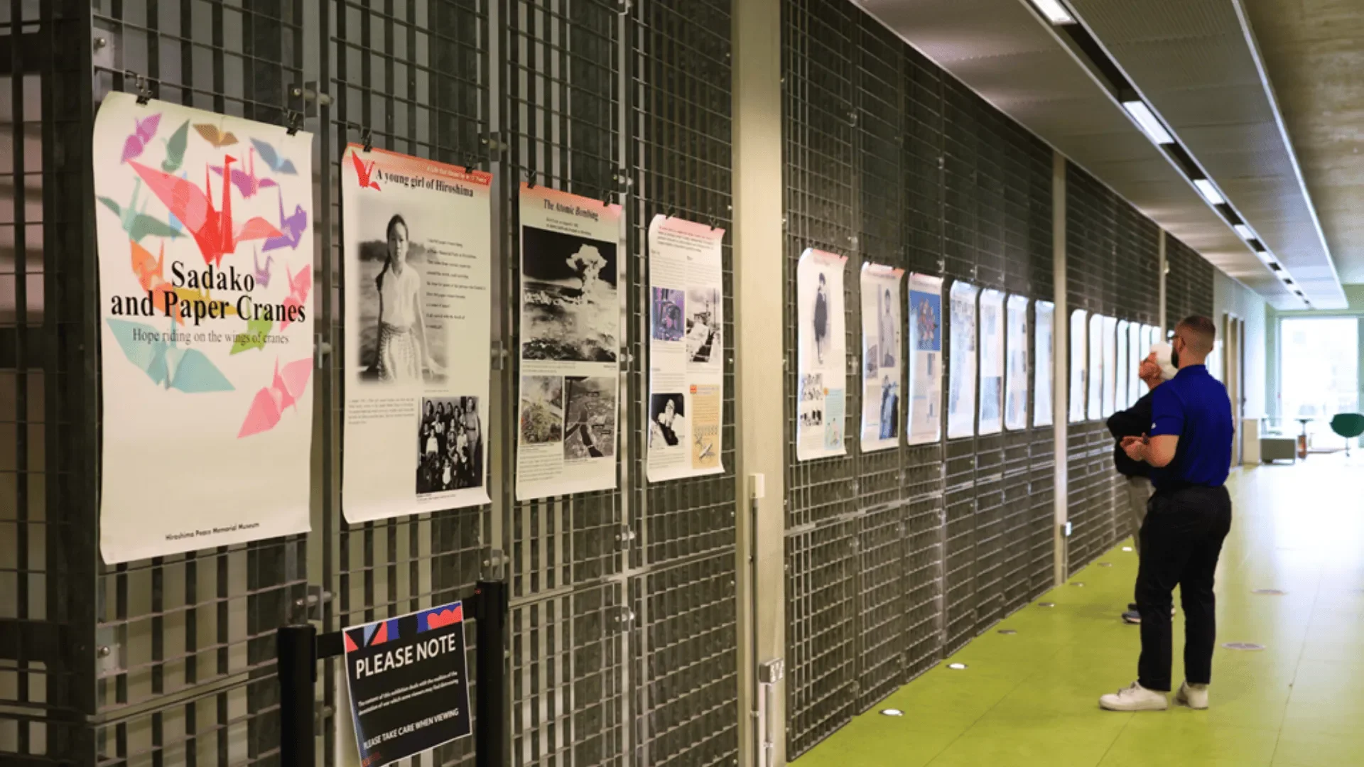 Two men looking at posters hanging on a wall